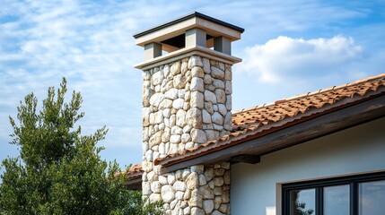 Stone chimney on a house against a blue sky.