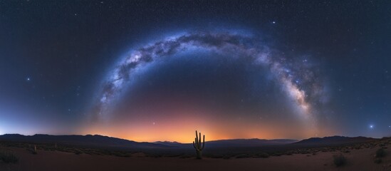Milky Way arch over desert landscape with single cactus at sunset.