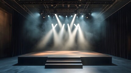 Professional stage setup displays metal truss system, white spotlight beams, black steps, wooden platform, and theatrical curtains in modern entertainment venue.
