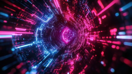Obraz premium Abstract futuristic tunnel with vibrant pink and blue neon lights, glowing energy streaks, and digital elements.