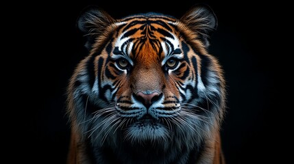 Fototapeta premium The powerful focus of a tiger's face, adorned with eye-catching fur patterns and compelling eyes, showcases the essence of nature's wild beauty and instinct.