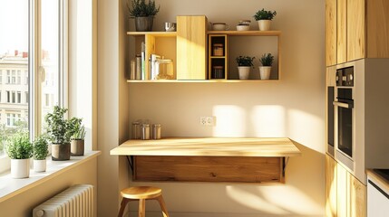 cleverly designed foldable dining table that transforms into a wall-mounted shelf in a small apartment