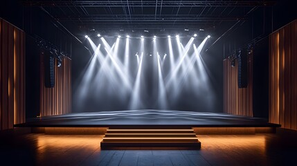 Professional stage setup displays metal truss system, white spotlight beams, black steps, wooden platform, and theatrical curtains in modern entertainment venue.