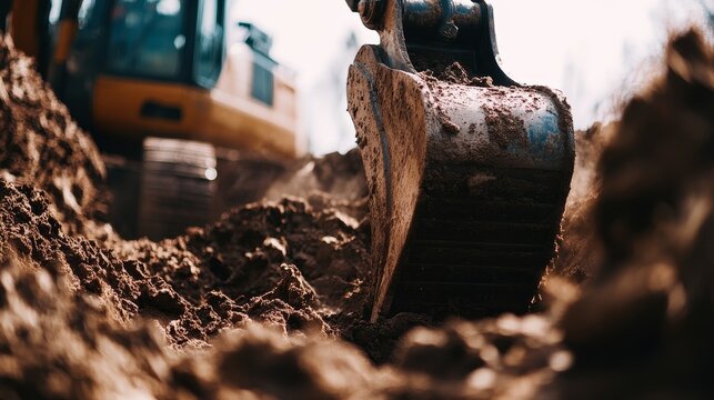 Close-up view of an excavator at a construction site, backhoe digging soil for earthwork. Heavy machinery in action, performing excavation and earthmoving tasks for construction business development