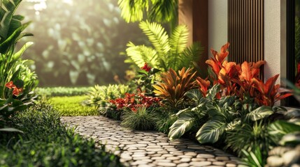Sunlit stone path through lush tropical garden with vibrant foliage.