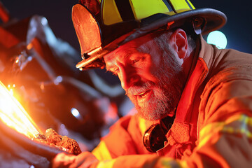 Firefighter rescues trapped man from vehicle following accident at night during emergency response