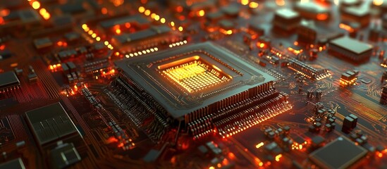 Fototapeta premium Close-up of illuminated CPU on a circuit board.