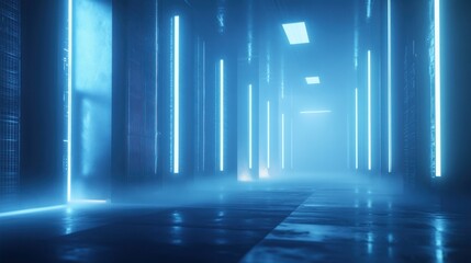 Futuristic blue neon lit corridor with fog and reflective floor.