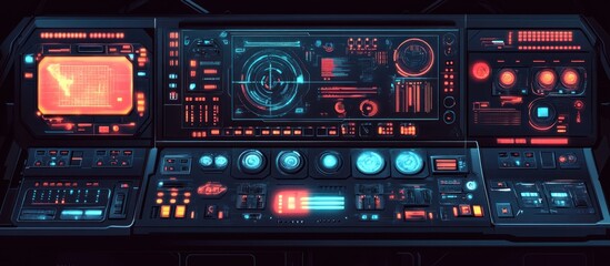 Obraz premium Futuristic spaceship control panel with glowing buttons, screens, and displays.