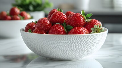Fresh red strawberries sit beautifully in white ceramic bowl on marble surface, featuring vibrant ripe berries with green stems and professional styling under soft natural light.