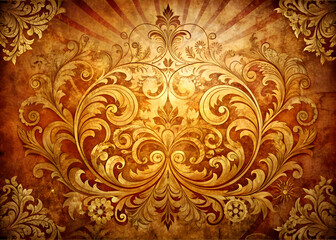 Grunge Background with Golden Floral Design.