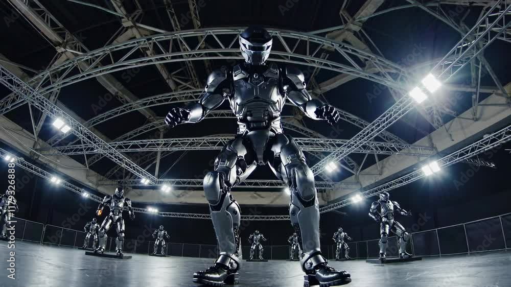 Poster robots engaged in synchronized movement in an industrial setting showcasing advanced technology