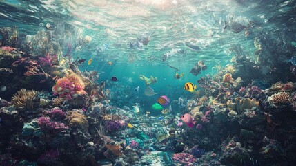A vibrant coral reef marred by floating trash, with fish swimming near plastic waste