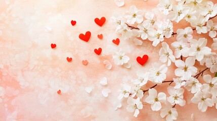 Fototapeta premium Spring blossoms and red hearts on peach background.