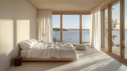 Obraz premium Minimalist bedroom with ocean view, sunlight streaming through large windows, white bedding, wooden floors.