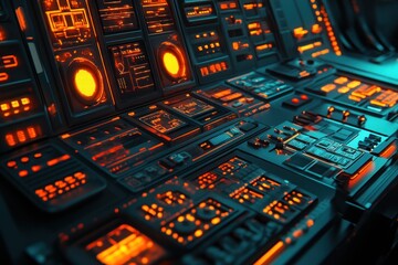 Obraz premium Futuristic control panel with glowing orange and blue interfaces.