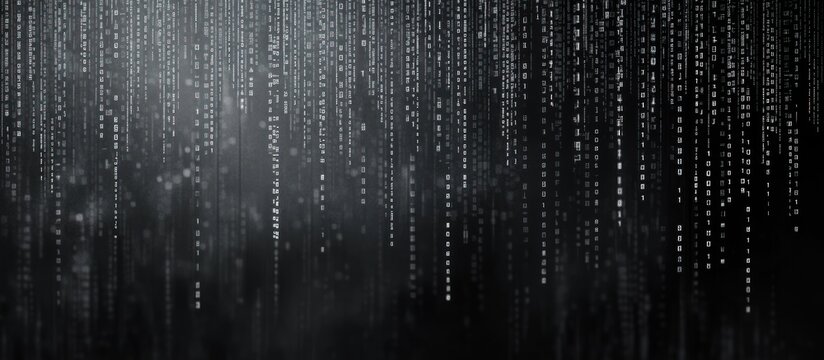 Abstract digital rain background with glowing particles falling down on dark background.