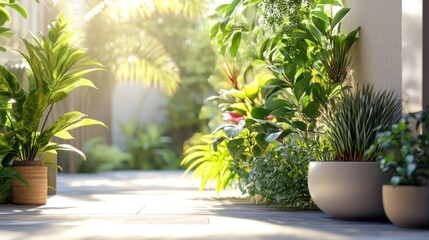 Sunlit patio with lush potted plants and tropical foliage.
