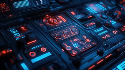 Fototapeta premium Futuristic control panel with glowing red and blue digital interfaces, buttons, and switches.