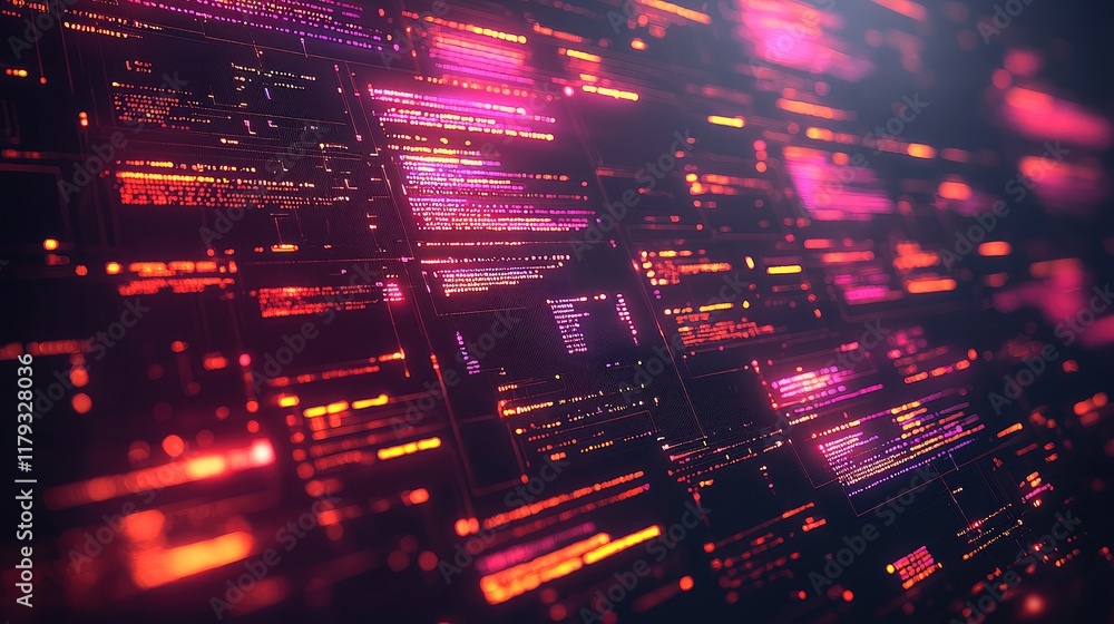 Poster abstract digital code: cyberpunk neon glow background. futuristic technology, software, programming,