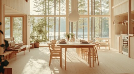 Obraz premium Sunlit modern wooden house interior with lake view, dining table and seating area.