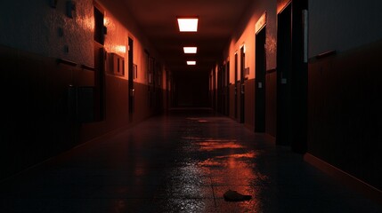 Inside a prison corridor at night, illuminated cells with lights on and a wet floor. 3D rendering of a dimly lit and eerie environment, reflecting the atmosphere of correctional facility at nighttime