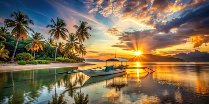 Serene Bangka Boat on Subic Bay Beach - Tropical Paradise, Crystal Clear Waters, Sunset Reflection, Relaxation, Exotic Destination, Nature&acirc;&euro;&trade;s Beauty, Coastal Adventure, Travel Inspiration