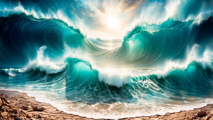 Biblical illustration of the parting of the Red Sea by Moses for the Hebrew people to cross