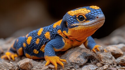 Obraz premium A gila monster lizard, adorned in vivid hues, navigates the rocky surface, revealing its one-of-a-kind designs.