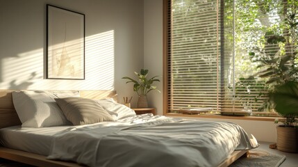 Sunlit bedroom with wooden bed, neutral linens, and potted plants near window with blinds.
