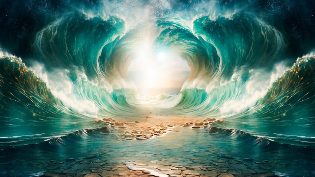 Biblical illustration of the parting of the Red Sea by Moses for the Hebrew people to cross