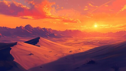 A vibrant sunset casts an orange glow over a vast desert landscape with mountains in the distance.