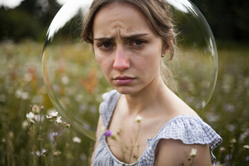 Young woman suffering from an allergy to flowers.