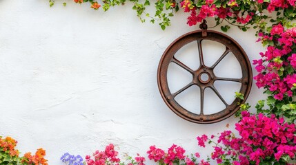 An aged wheel rim hanging gracefully on a white wall, surrounded by colorful flowers, with copy space below for text.