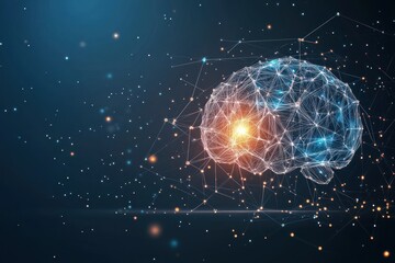Abstract polygonal brain with glowing core, representing intelligence, technology, and neural networks.