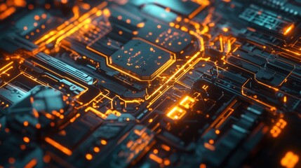 Obraz premium Close-up of a futuristic circuit board with glowing orange lines.