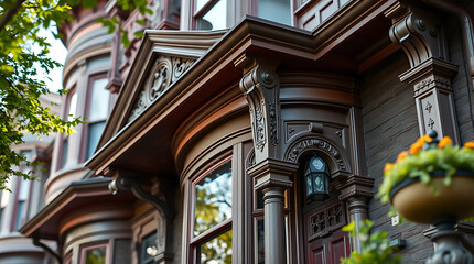 Obraz premium Close-up view of ornate brown wooden architectural details on a Victorian-style building. A bay window and decorative columns are prominent. Part of a neighboring building and foliage are visible.