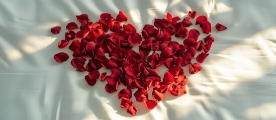 Red rose petals arranged in a heart shape on white fabric.