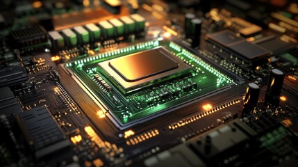 Obraz premium Close-up of a CPU on a circuit board, glowing with warm light.