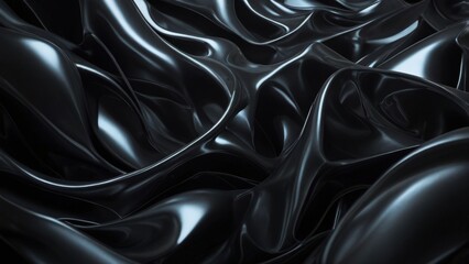 Obraz premium A sleek, abstract composition of black liquid-like swirls with reflective surfaces and a glowing turquoise sphere, exuding a futuristic and dynamic energy