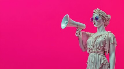 Ancient Greek woman statue shouting through a megaphone, contemporary sunglasses, against a bold pink gradient