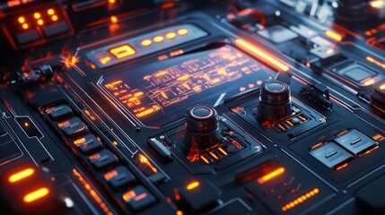 Close-up of a futuristic control panel with glowing orange lights and intricate details.