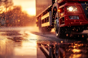 Red truck driving on wet road at sunset during light snowfall