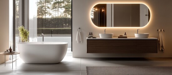 Modern bathroom with freestanding bathtub, double vanity, and illuminated mirror.