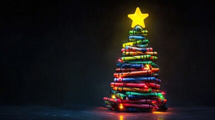 Artistic Christmas tree made of crayons, wrapped in glowing string lights, crowned with a yellow star.