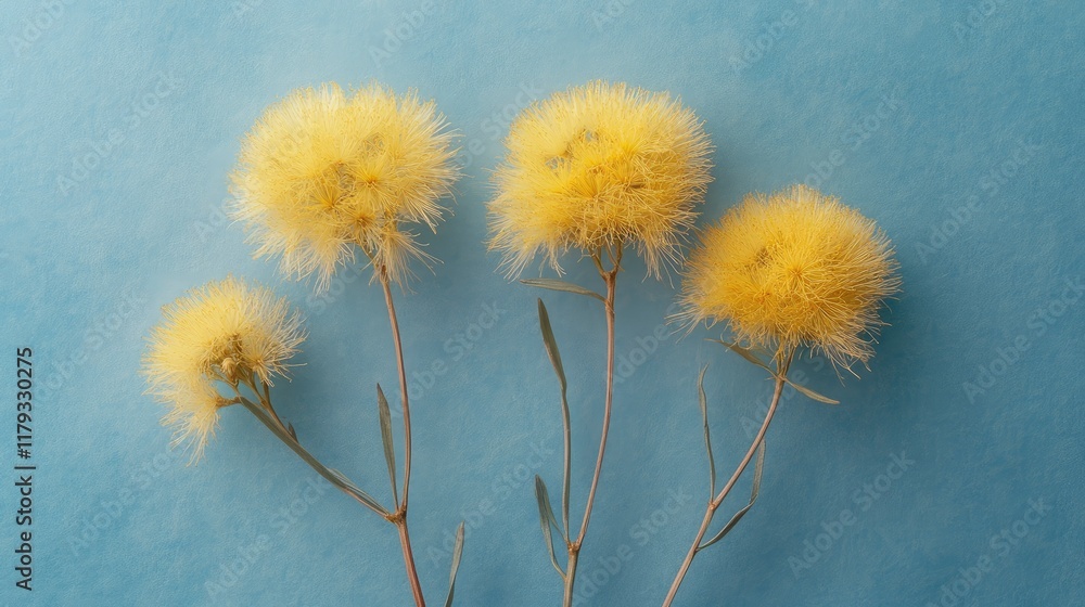 Sticker Yellow flower on a blue paper background. Blooming Tussilago. 