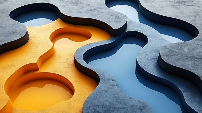 Dynamic Abstract Composition of Colorful Layers in Space Designed with Curved Forms and Variable Depths Representing Artistic Exploration of Dimensions