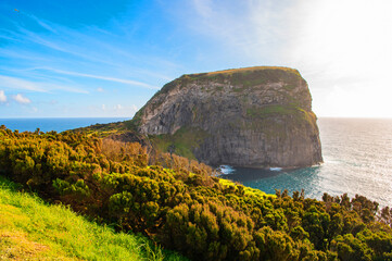 Atlantic ocean coastline of Faial Island, Azores, Portugal. Morro de Castelo Branco. Stones, rocks...