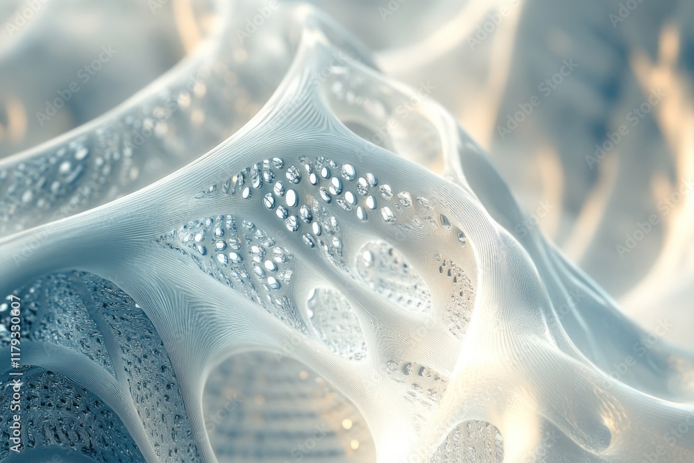Fototapete abstract 3d rendering of a complex, porous, organic structure with glowing light.