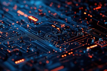 Obraz premium Close-up of illuminated circuit board with intricate pathways and glowing components.